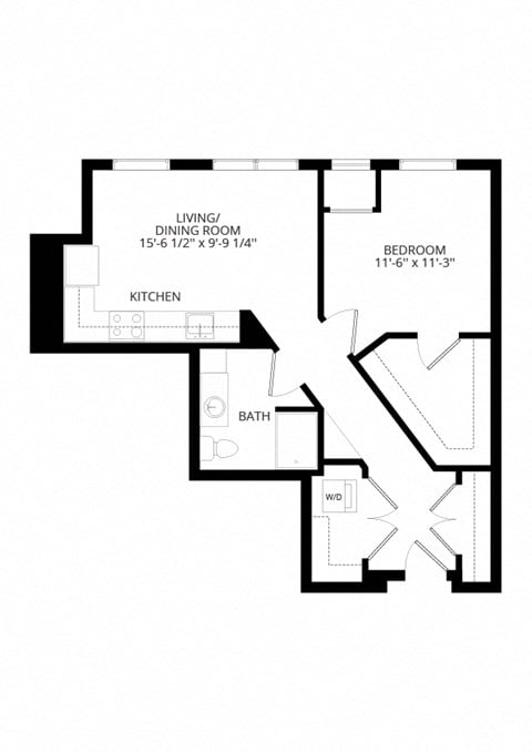 Floor plan for 1 bed, 1 bath, 686 sqft